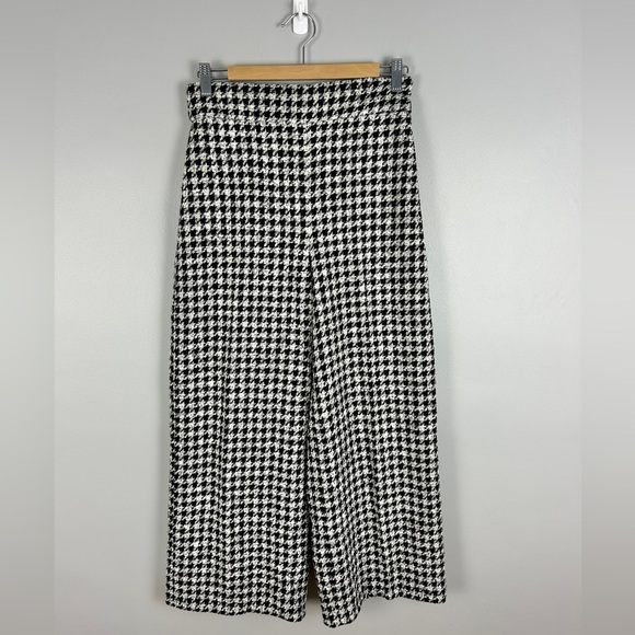ZARA Houndstooth High Rise Wide Leg Trousers Cropped Size Med Office Career - Picture 2 of 4